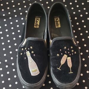 Keds Black Velvet Flats with Champagne Embroidery